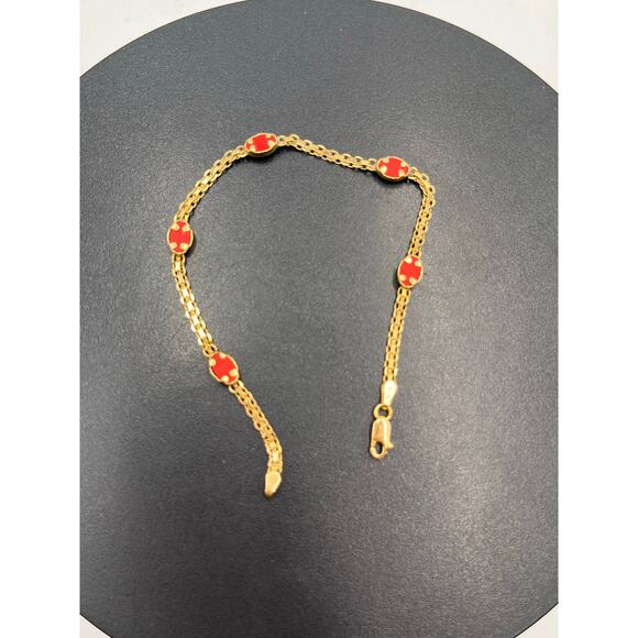 Yellow Gold 14k Italy Byzantine Woven Style Five Oval Coral Cabochons Bracelet - Picture 4 of 10